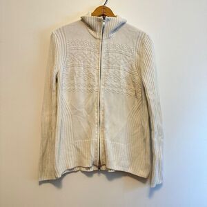 Eddie Bauer Sweater Women's L White Full Zip Knit Mock Neck Cardigan Fisherman